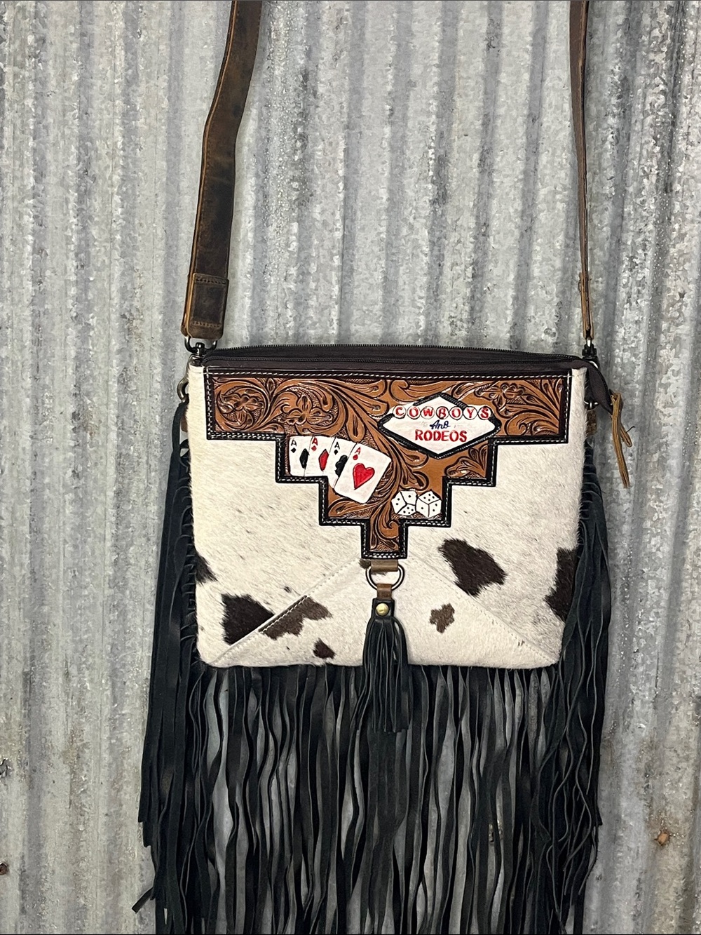 American Darling Black Fringe Cowhide Crossbody with Tooled Leather Accent